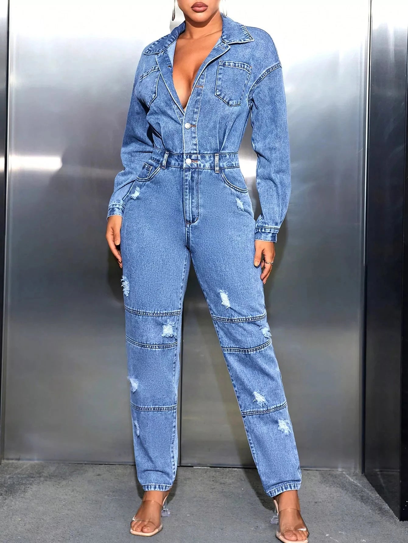 Distressed Long Sleeve Denim Jumpsuit Coco’s Tee Boutique