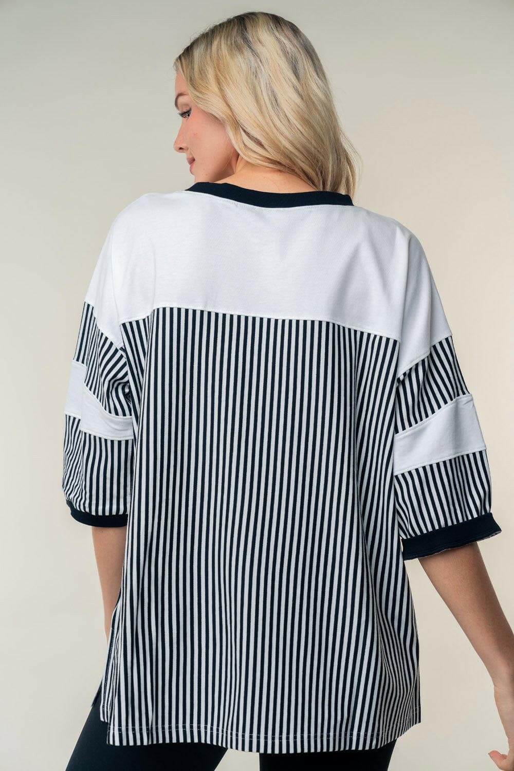 White Birch Full Size Striped Contrast Round Neck Top.