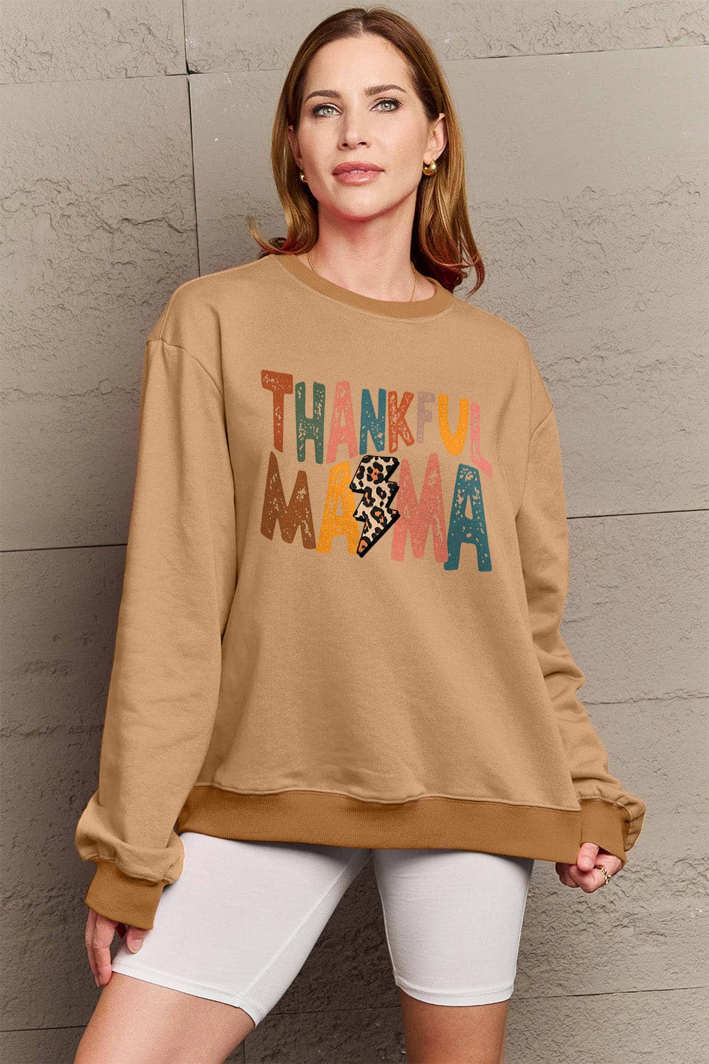 Simply Love Full Size Letter Graphic Long Sleeve Sweatshirt.