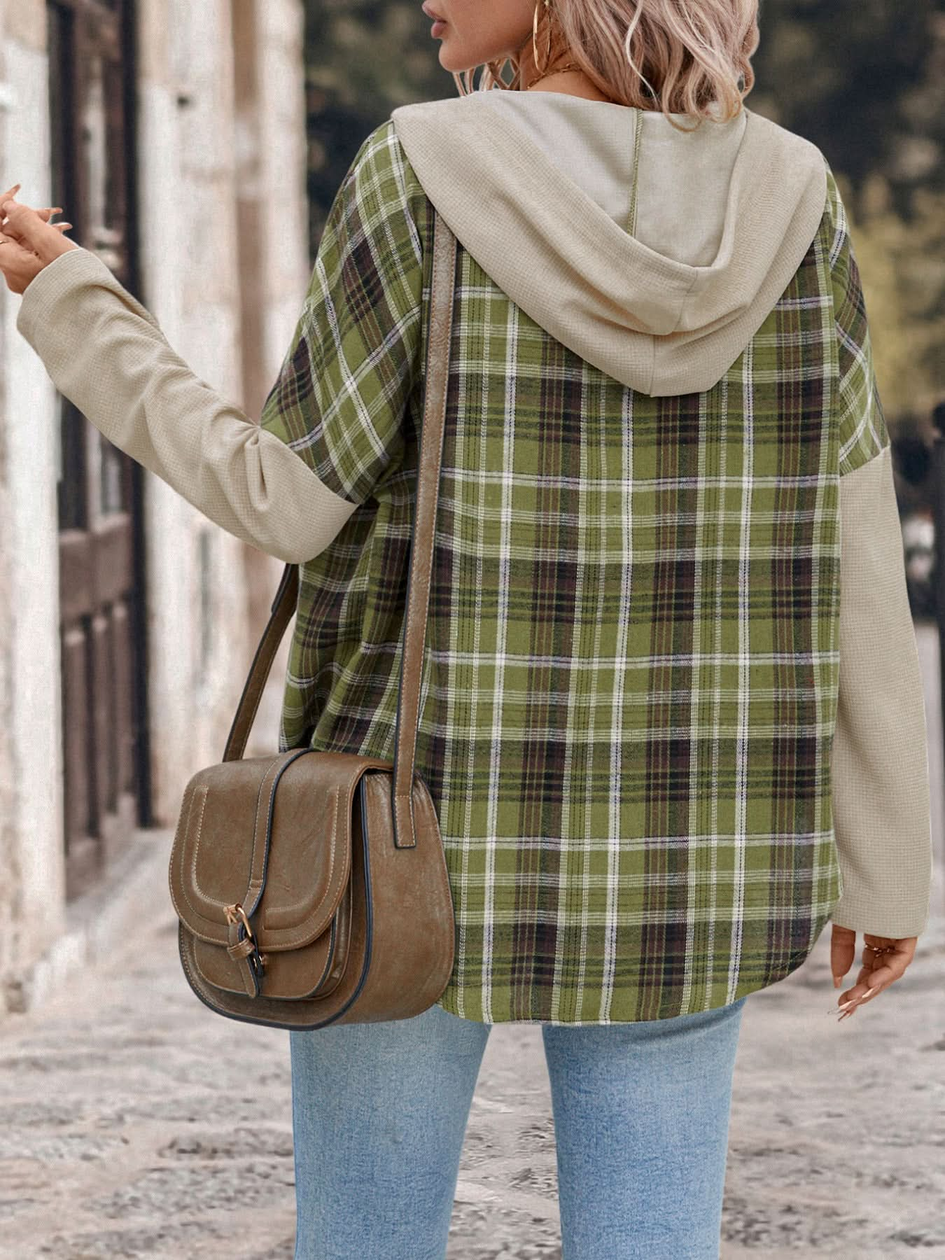 Plaid Long Sleeve Hooded Shirt with Drawstring Closure