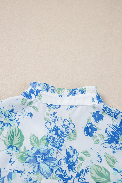 Sky Blue Floral Ruffle Sleeve Button-Up Top