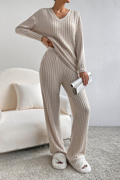 Chic khaki ribbed knit two-piece set