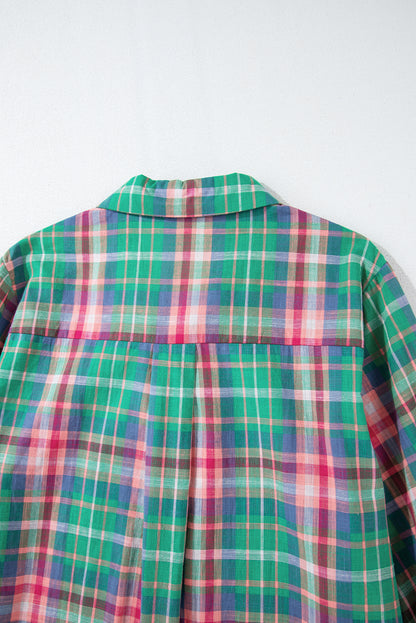 Casual green plaid 3/4 sleeve button-up shirt