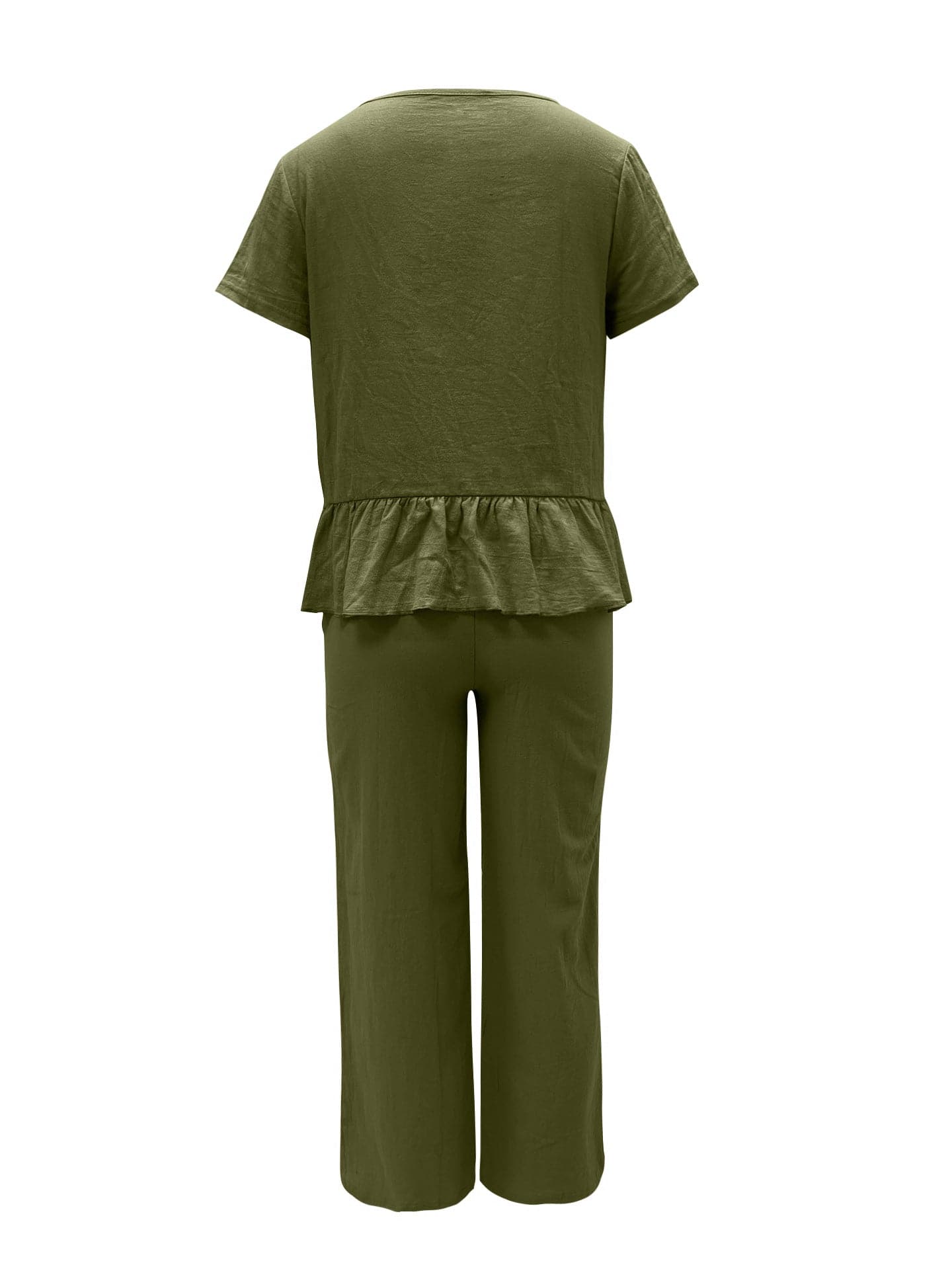 Peplum Round Neck Short Sleeve Top and Pants Set.