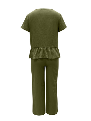 Peplum Round Neck Short Sleeve Top and Pants Set.