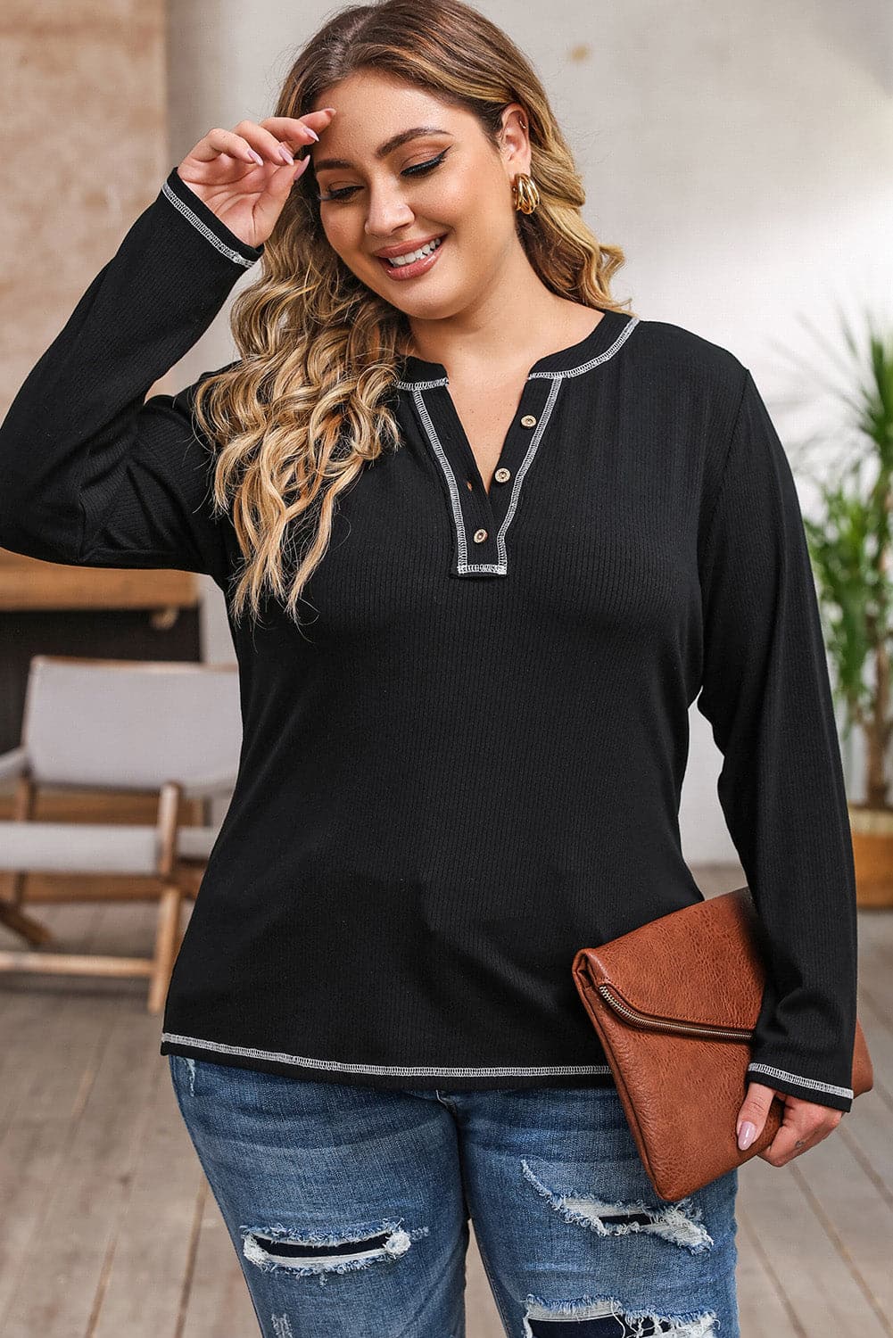 Plus Size Notched Neck Long Sleeve T-Shirt.