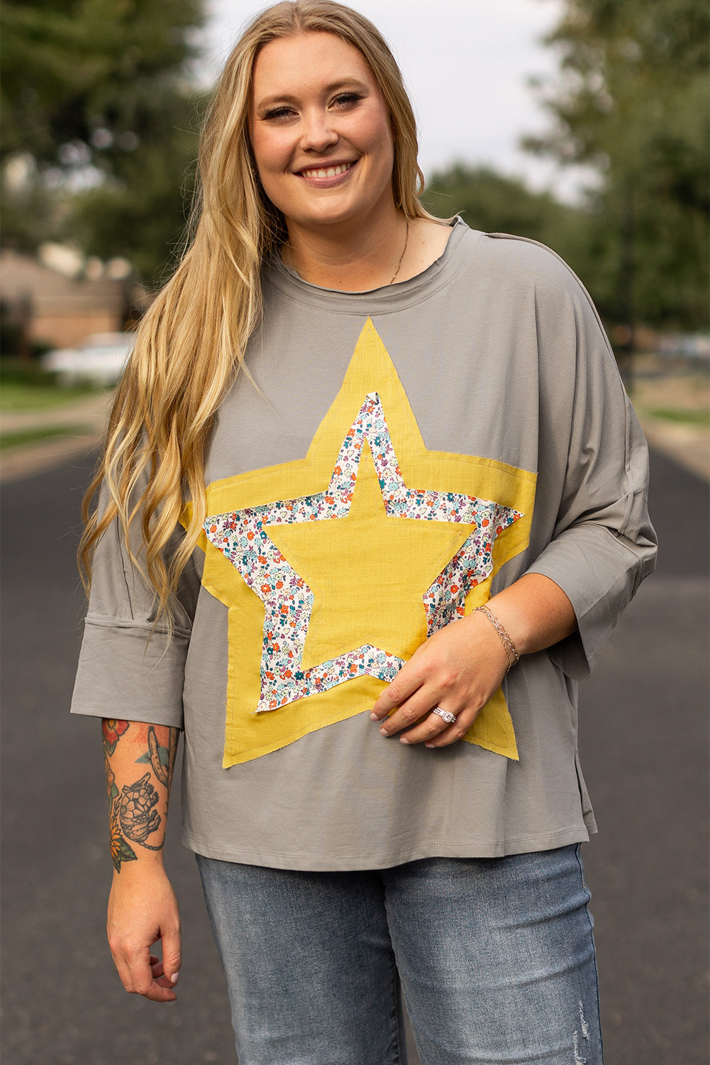 Chic medium grey floral star patch top with 3/4 sleeves in plus sizes