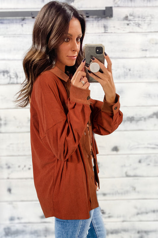 Gold Flame Velvet Flap Pockets Drop Shoulder Casual Shacket For Everyday Wear Versatile Layering Piece For Cool Weather Dear-Lover Dropshipping