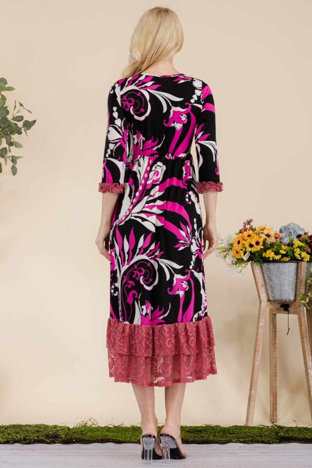 Celeste Full Size Paisley Print Lace Ruffled Midi Dress.