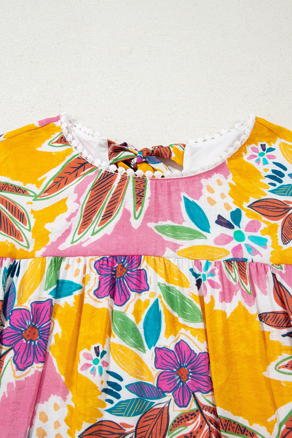 Premium Pink Floral Print Lace Trimmed Tie Back Bell Sleeve Dress Dear-Lover Dropshipping