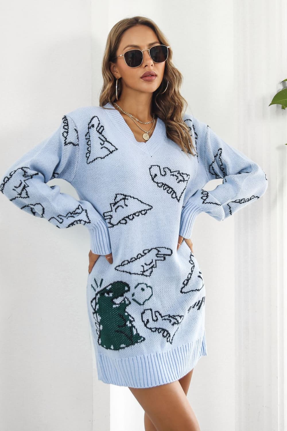 Dinosaur Pattern V-Neck Sweater Dress.