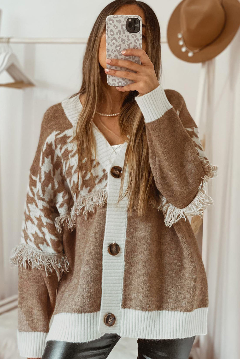 Khaki Houndstooth Color Block Cardigan Women V Neck With Raw Edge Front Button Dear-Lover Dropshipping