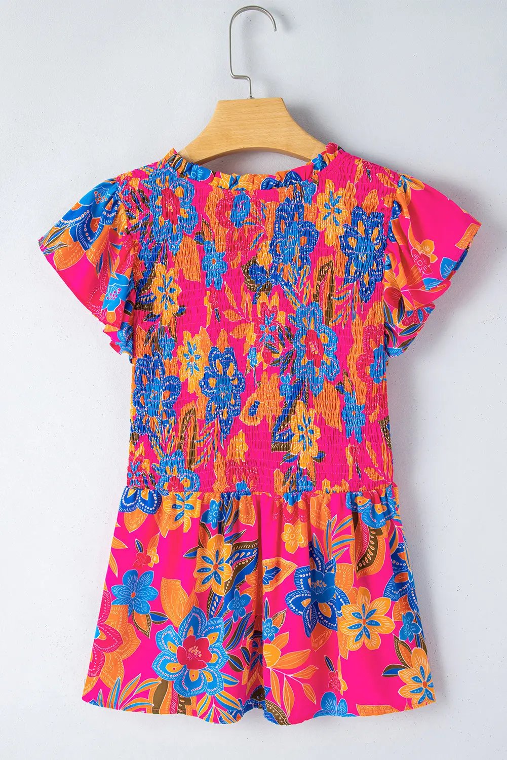 Zaniyah Floral Smocked Ruffle Trim Flutter Sleeve Blouse - Love Salve 