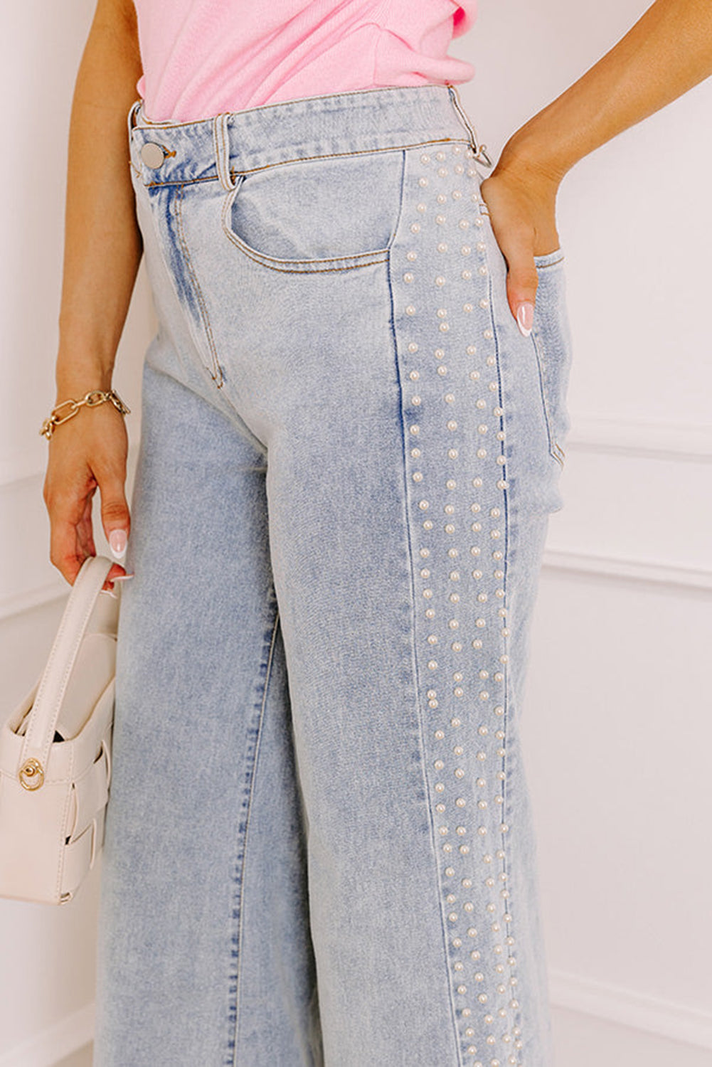 Beau Blue Mid Rise Pearl Embellished Split Wide Leg Jeans Dear-Lover Dropshipping
