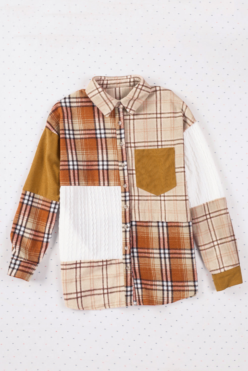 Vibrant orange plaid patchwork shirt jacket with practical pockets