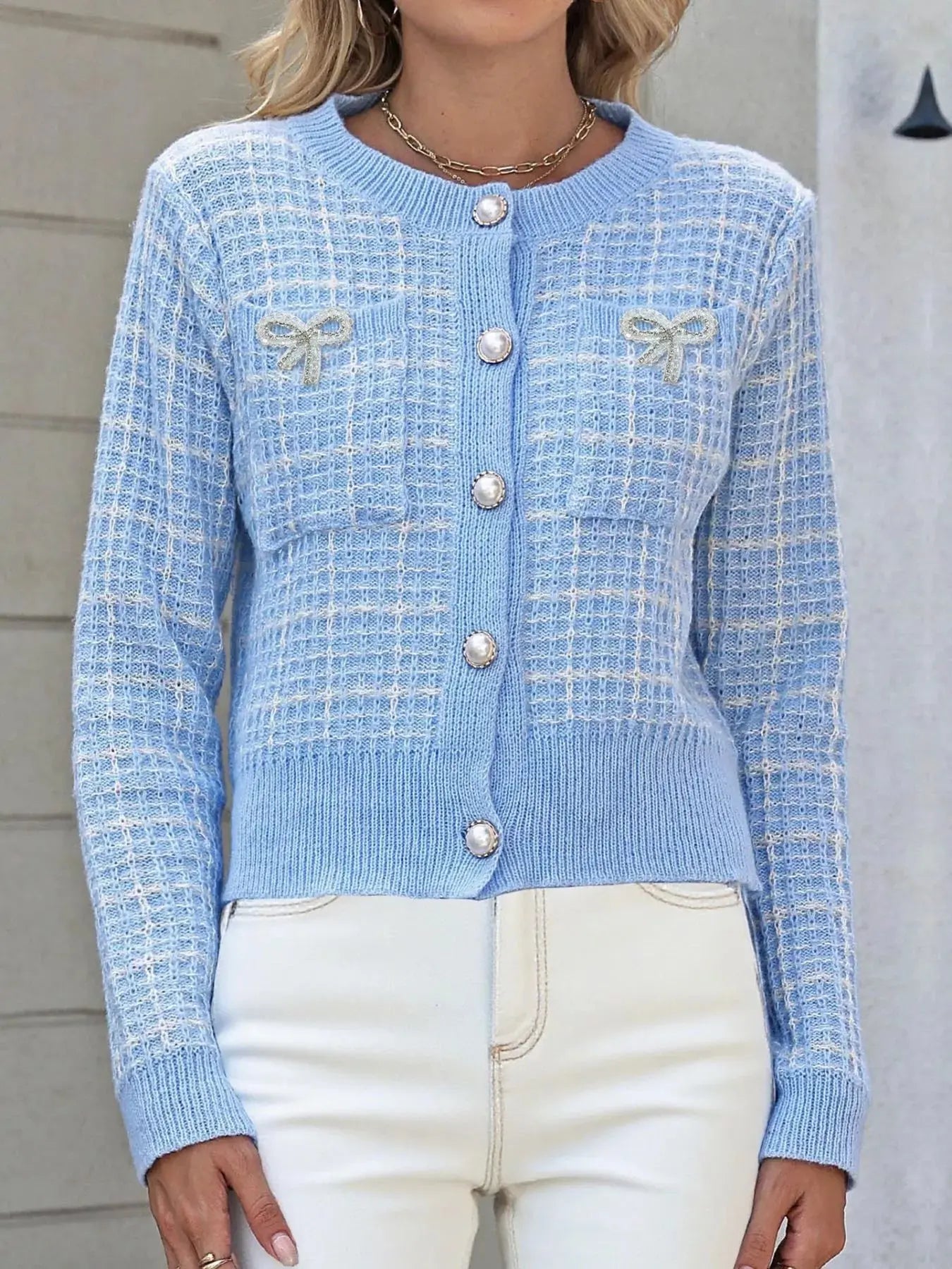 Bow Decor Button Up Cardigan For Women Tweed Knit With Pearl Buttons Simply Love