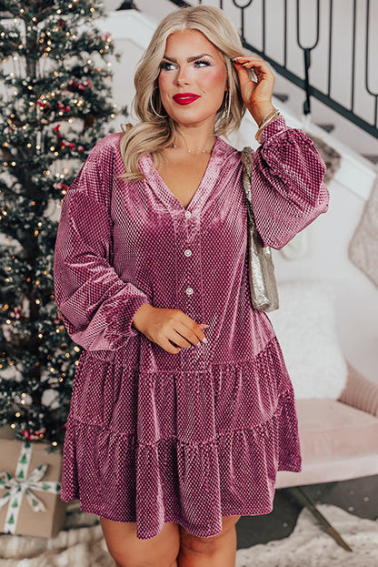 Meadow mauve plus size textured velvet button-up tiered dress