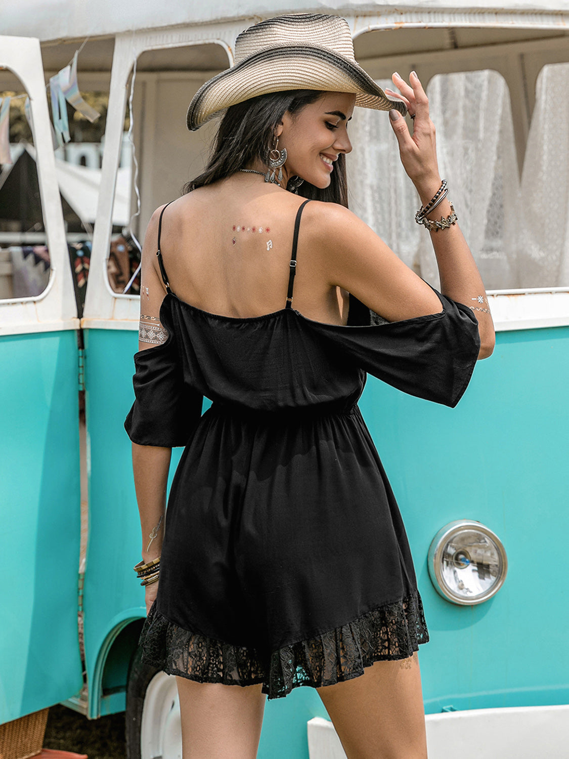 Lace Detail Cold Shoulder Romper.