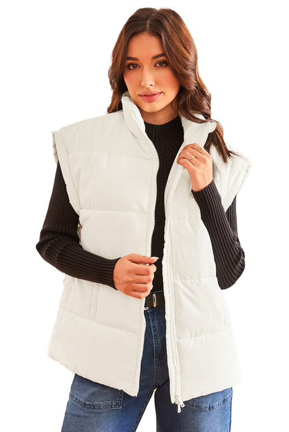 Beige Oversized Puffer Vest with Stand Neck and Zipper Closure