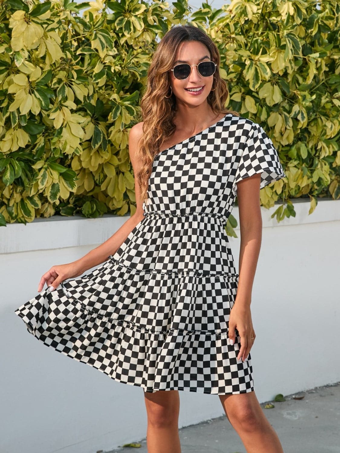 Checkered Single Shoulder Mini Dress.