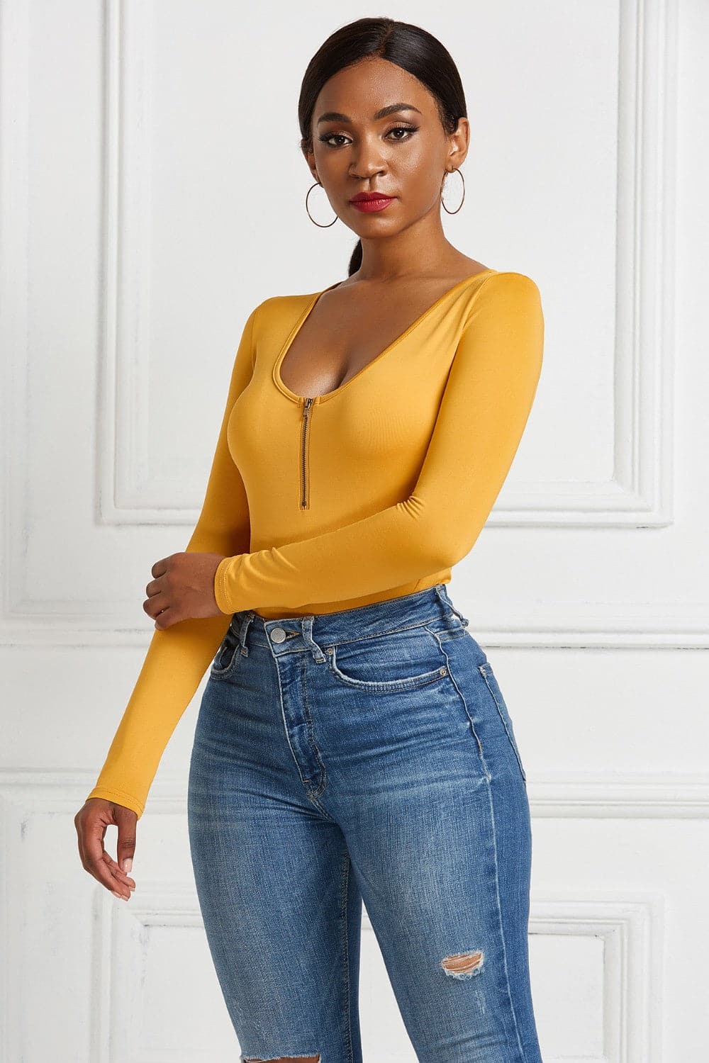 Half Zip Scoop Neck Long Sleeve Bodysuit.