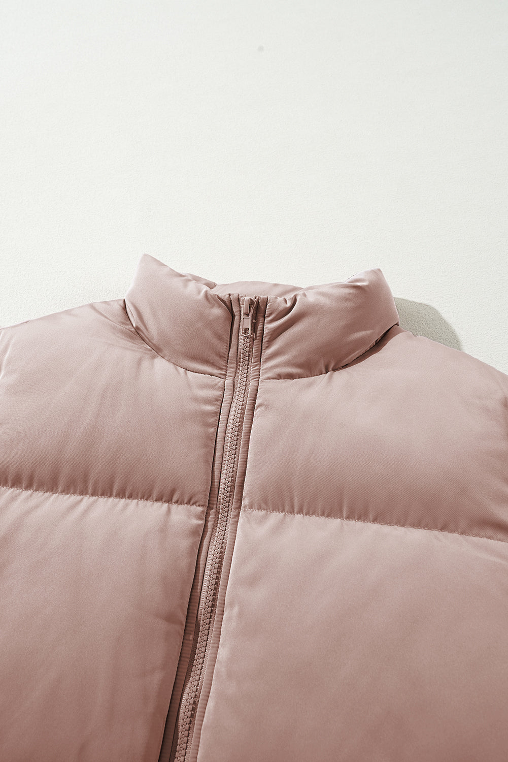 Chic apricot pink quilted puffer jacket with full zipper