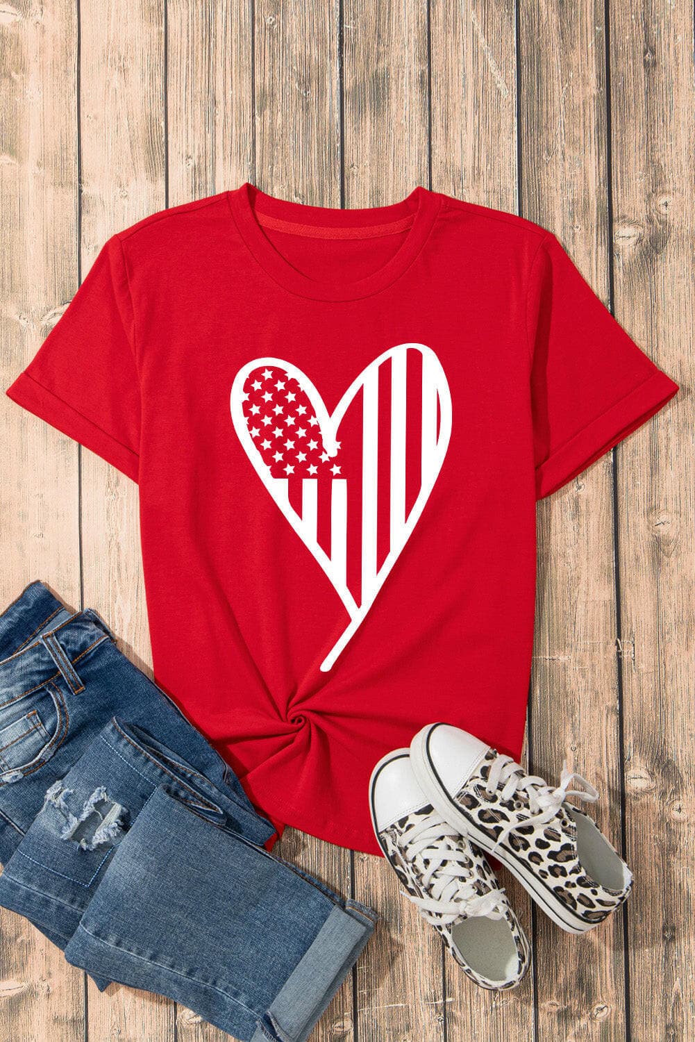 Heart Round Neck Short Sleeve T-Shirt.