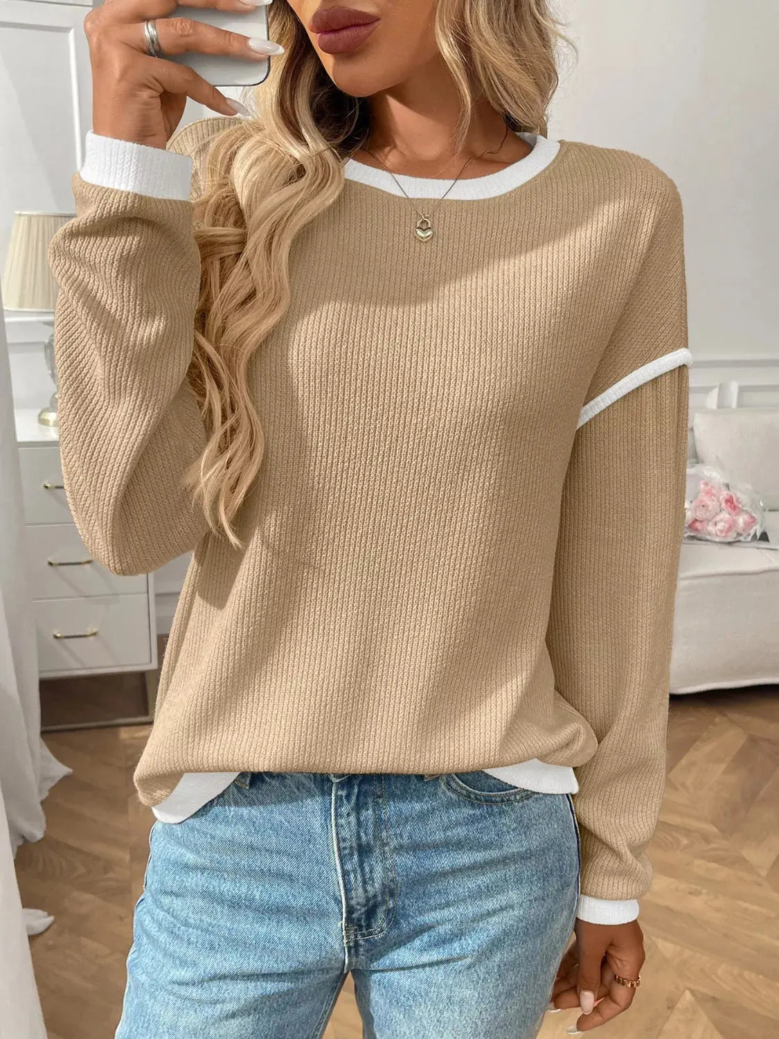 Ribbed Knit Contrast Trim Sweater Simply Love