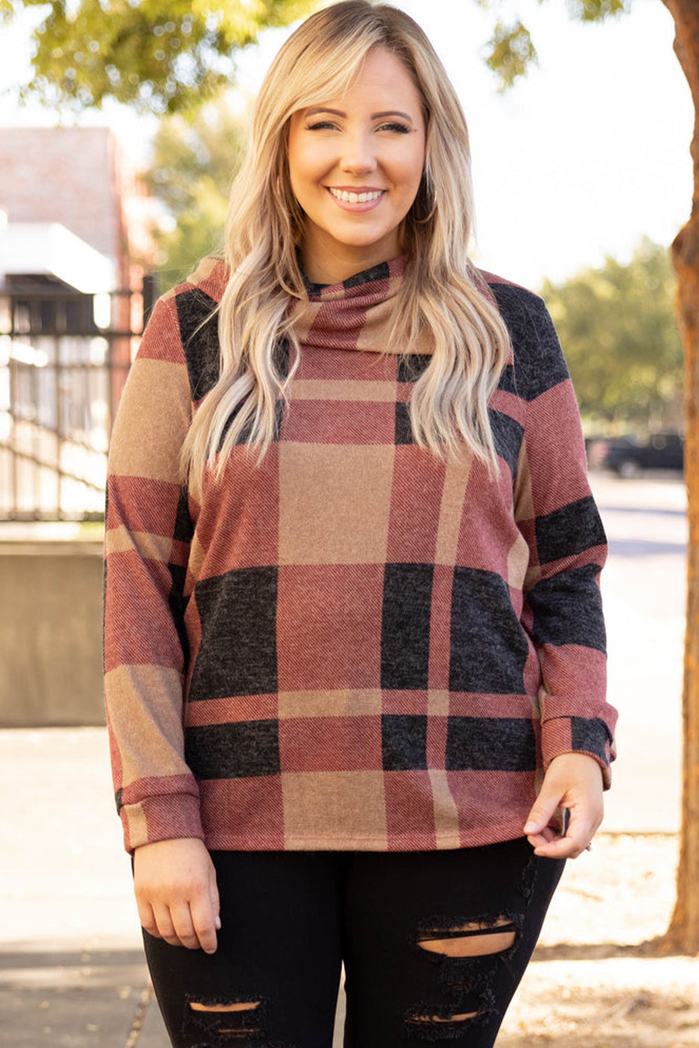 Mineral red plus size plaid top with asymmetric neckline and button details