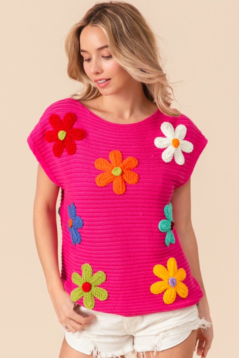 BiBi Flower Round Neck Cap Sleeve Knit Top.