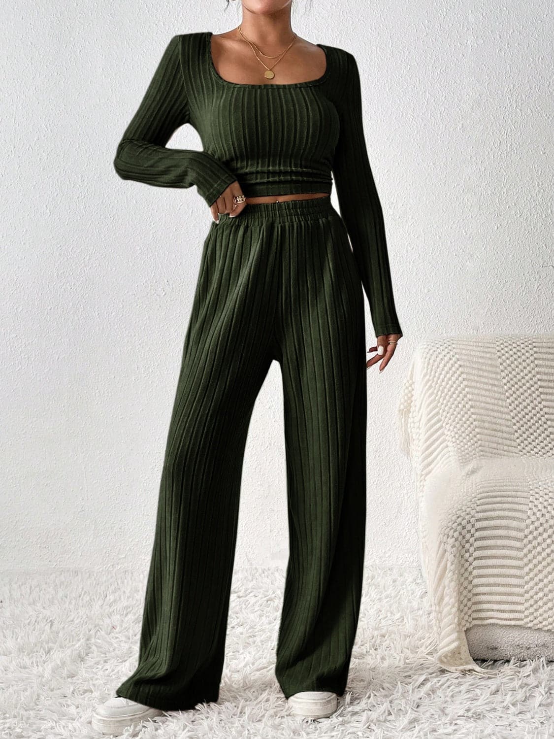 Cozy scoop neck long sleeve top and matching pants set