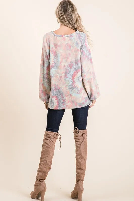 BiBi Brushed Tie Dye Print Top with Puff Sleeves - Love Salve 