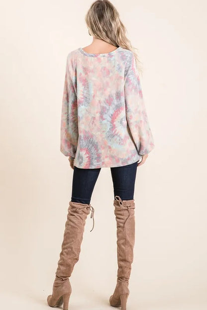 BiBi Brushed Tie Dye Print Top with Puff Sleeves - Love Salve 