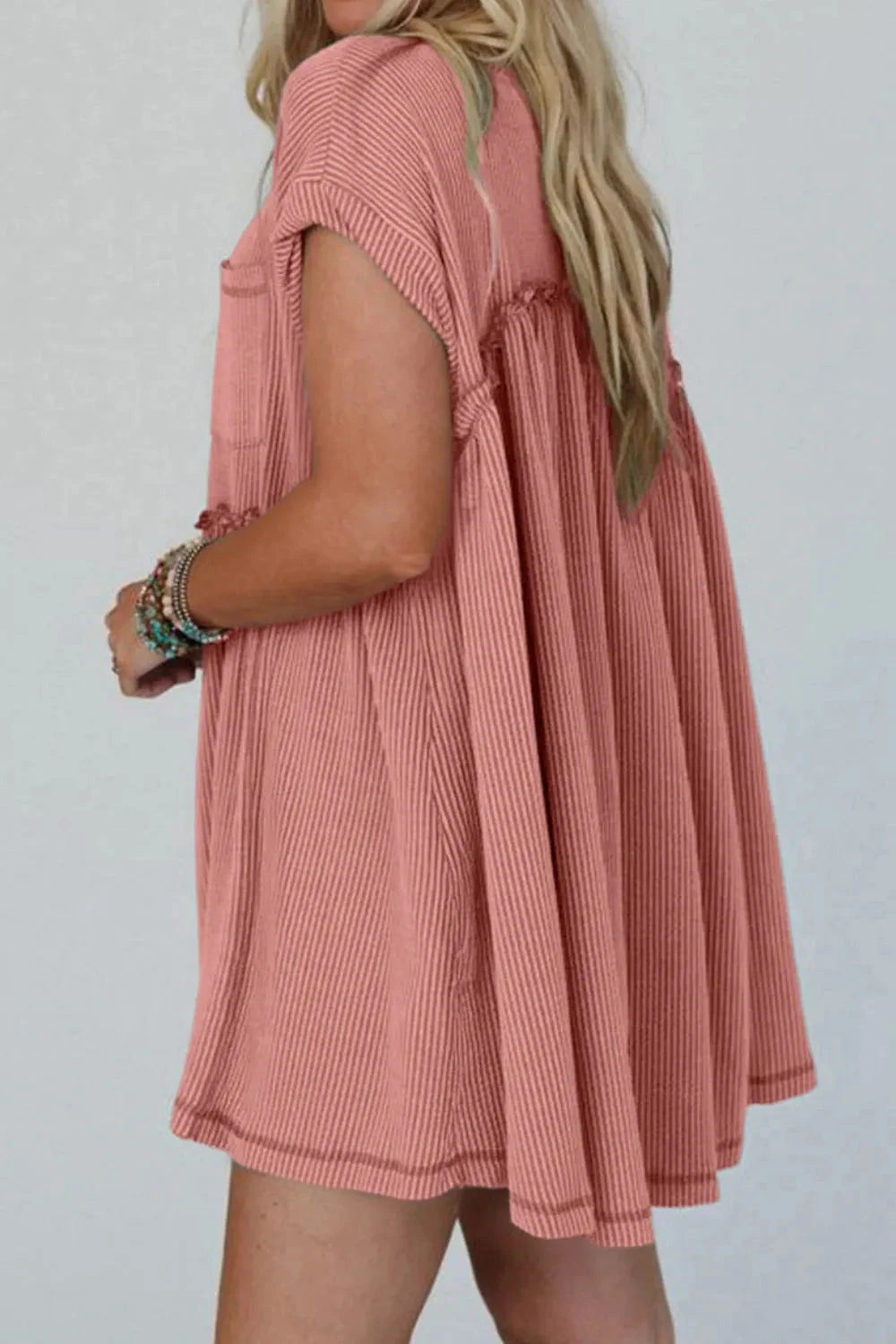 Corded Knit Textured Patched Pocket Frilled Swing Mini Dress with Pockets Simply Love