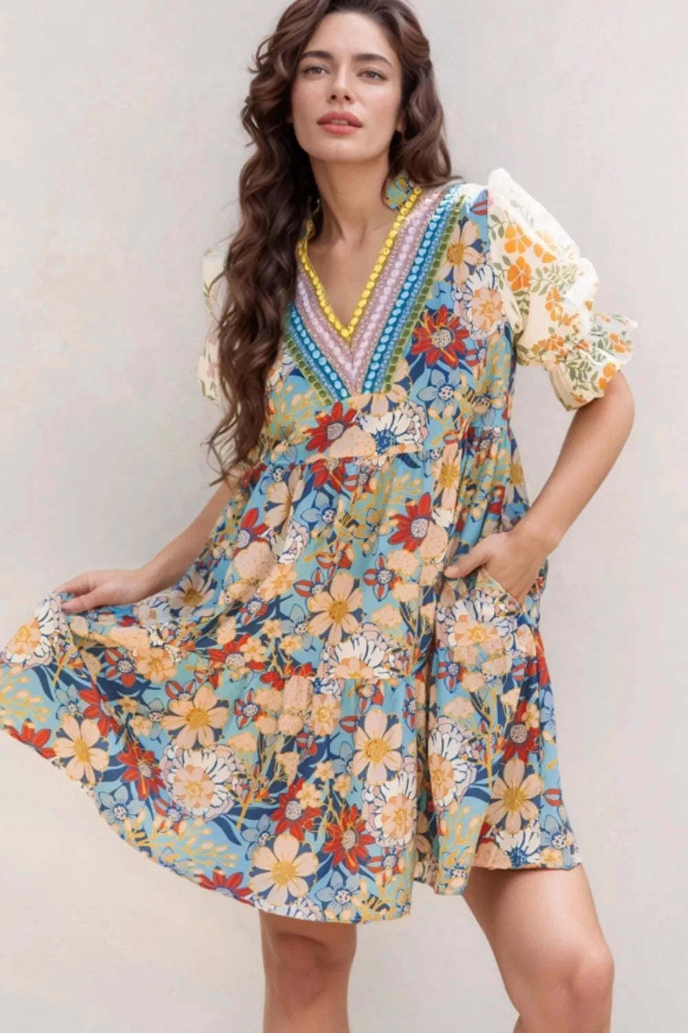 Printed Notched Flounce Sleeve Mini Dress Simply Love