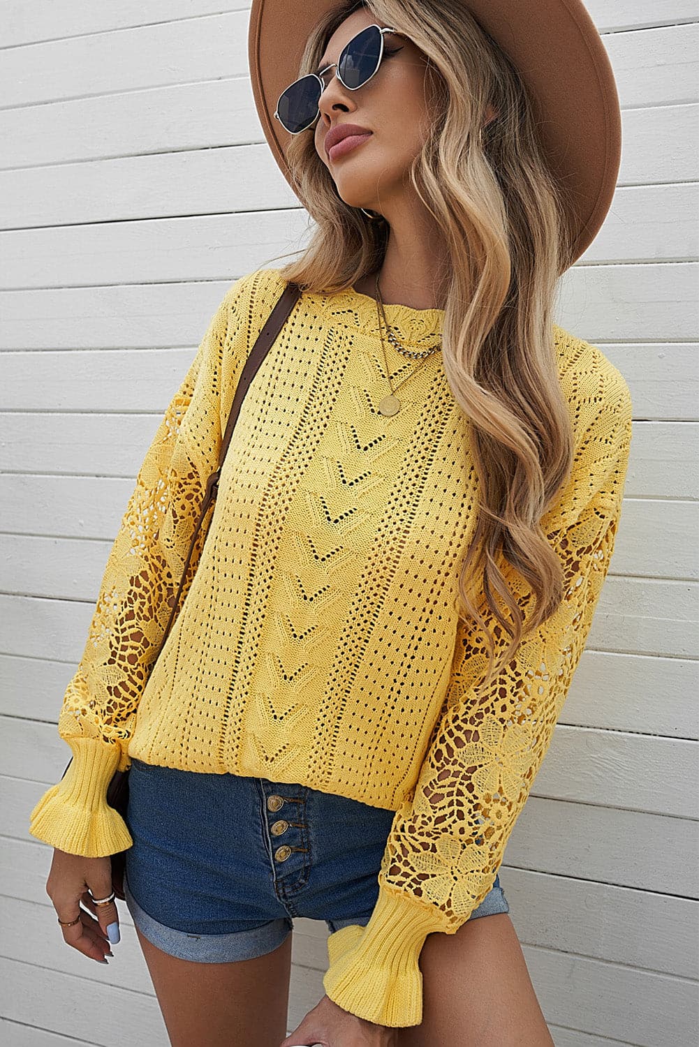 Openwork Lantern Sleeve Dropped Shoulder Sweater.