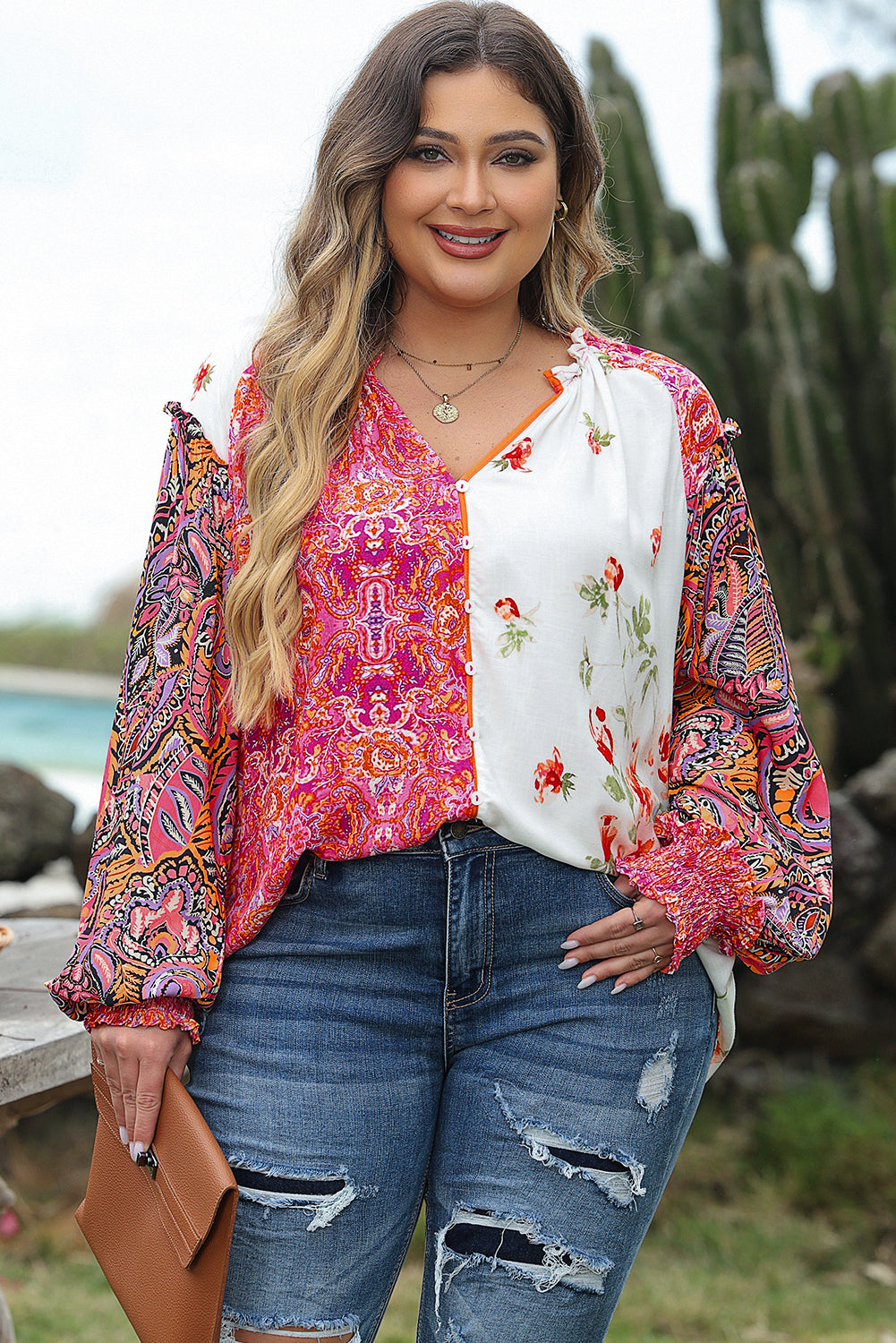 Floral charm: Pink patchwork blouse with shirred cuffs