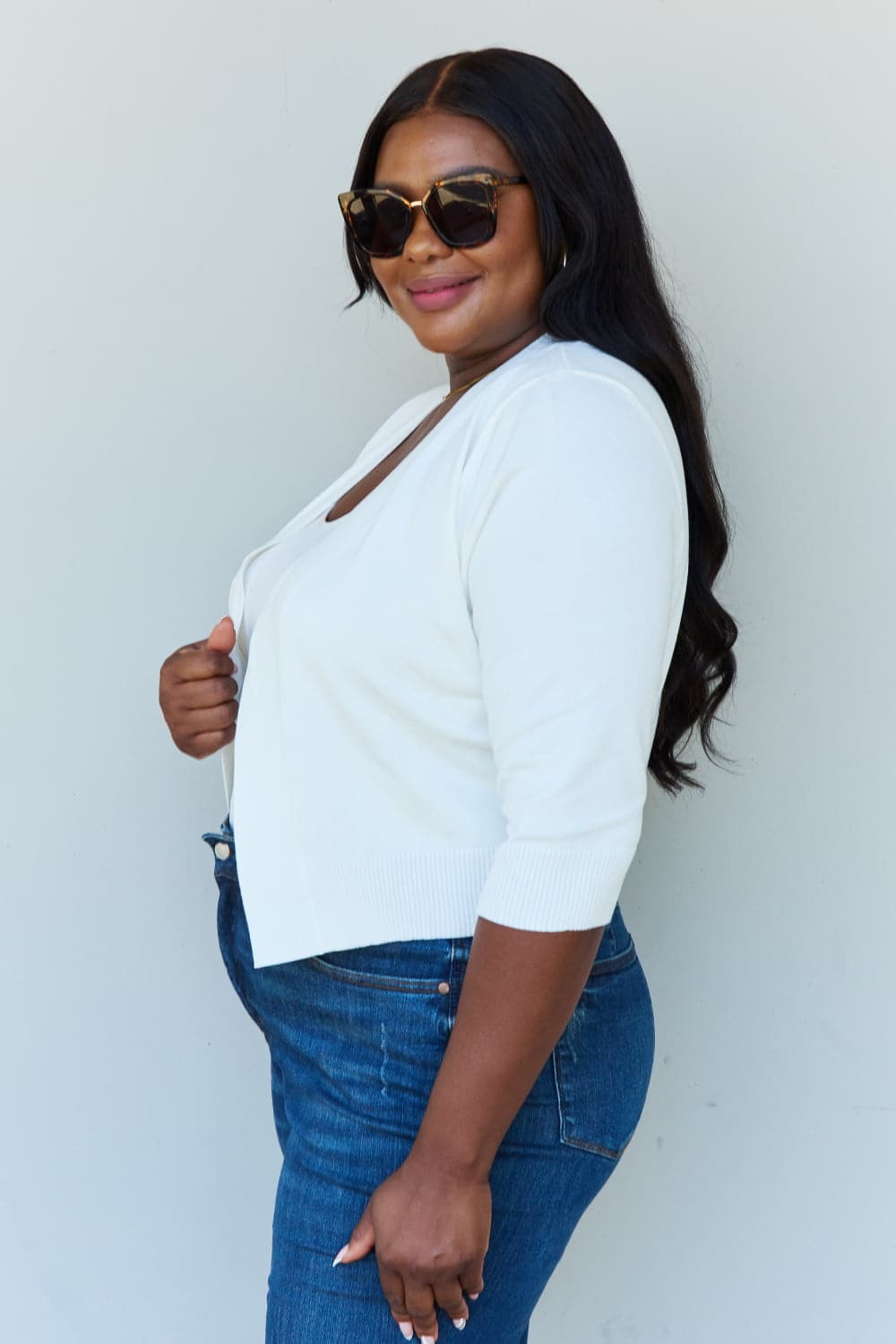 Doublju My Favorite Full Size 3/4 Sleeve Cropped Cardigan in Ivory.