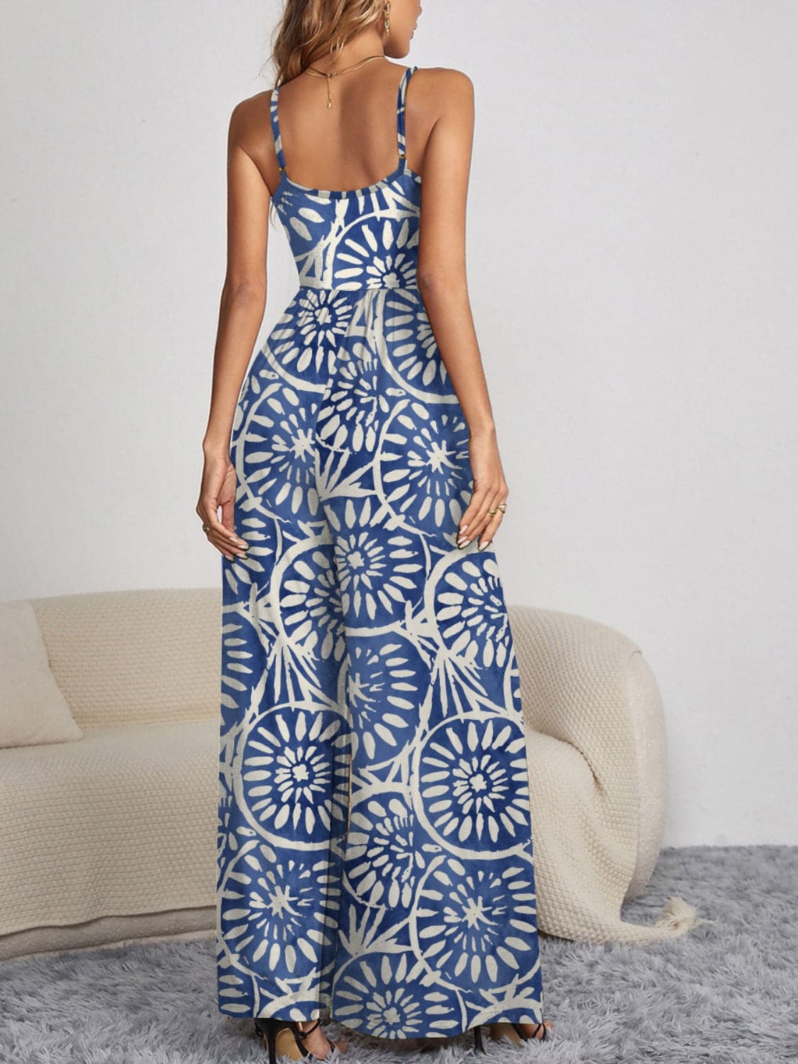 Decorative Button Spaghetti Strap Wide Leg Jumpsuit.