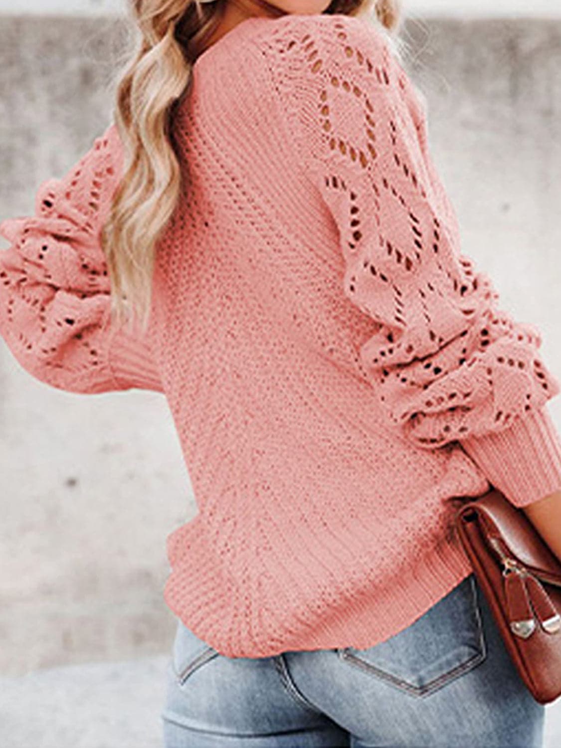 Openwork Round Neck Lantern Sleeve Sweater.