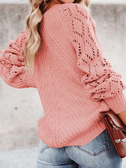 Openwork Round Neck Lantern Sleeve Sweater.