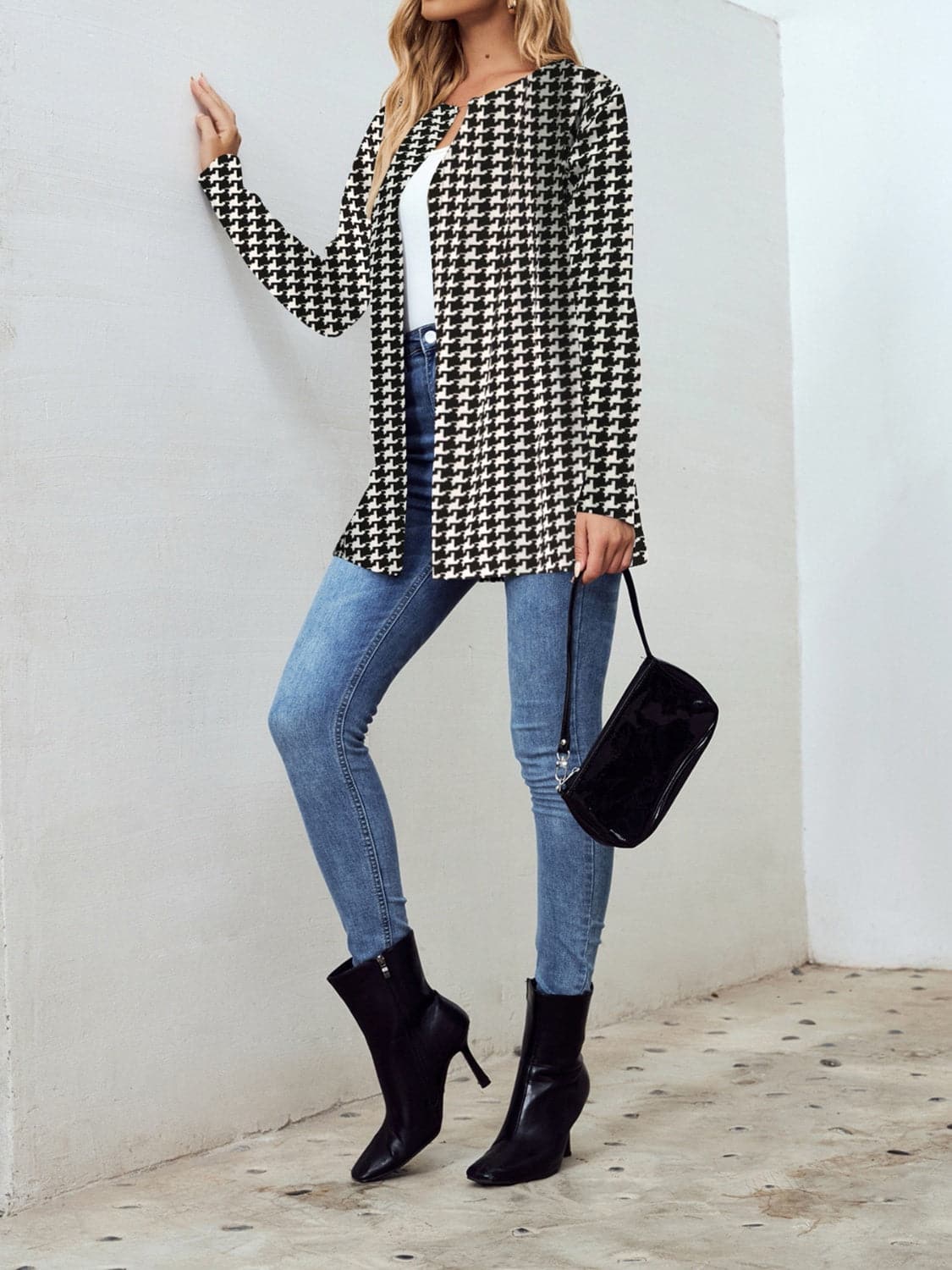 Chic houndstooth open front jacket