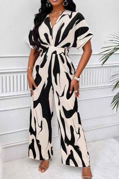 Printed V-Neck Short Sleeve Wide Leg Jumpsuit.