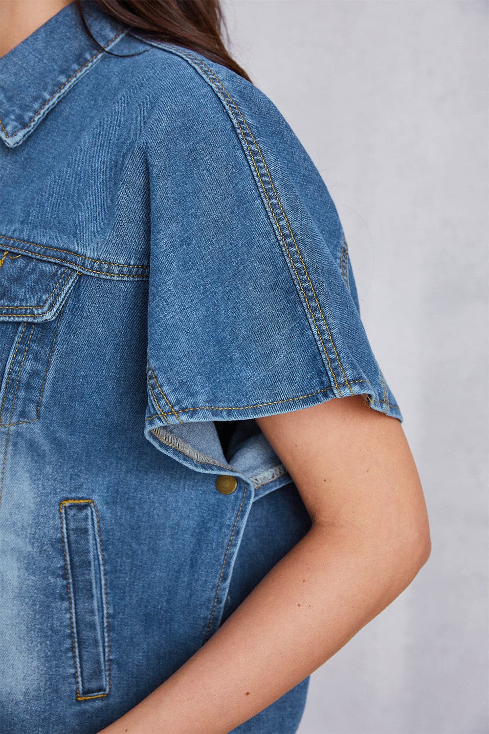 Pocketed Button Up Short Sleeve Denim Top.