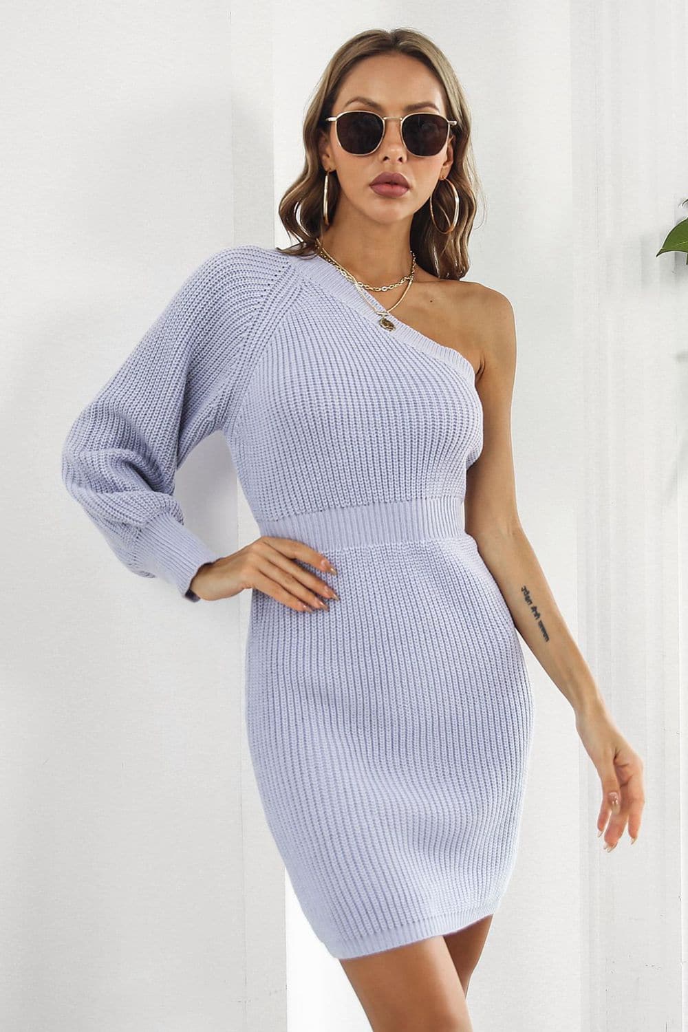 One Shoulder Raglan Sleeve Pencil Sweater Dress.