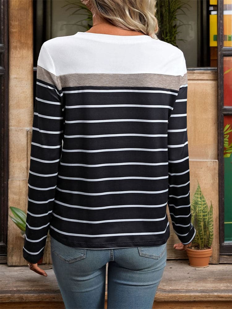 Striped Round Neck Long Sleeve T-Shirt.