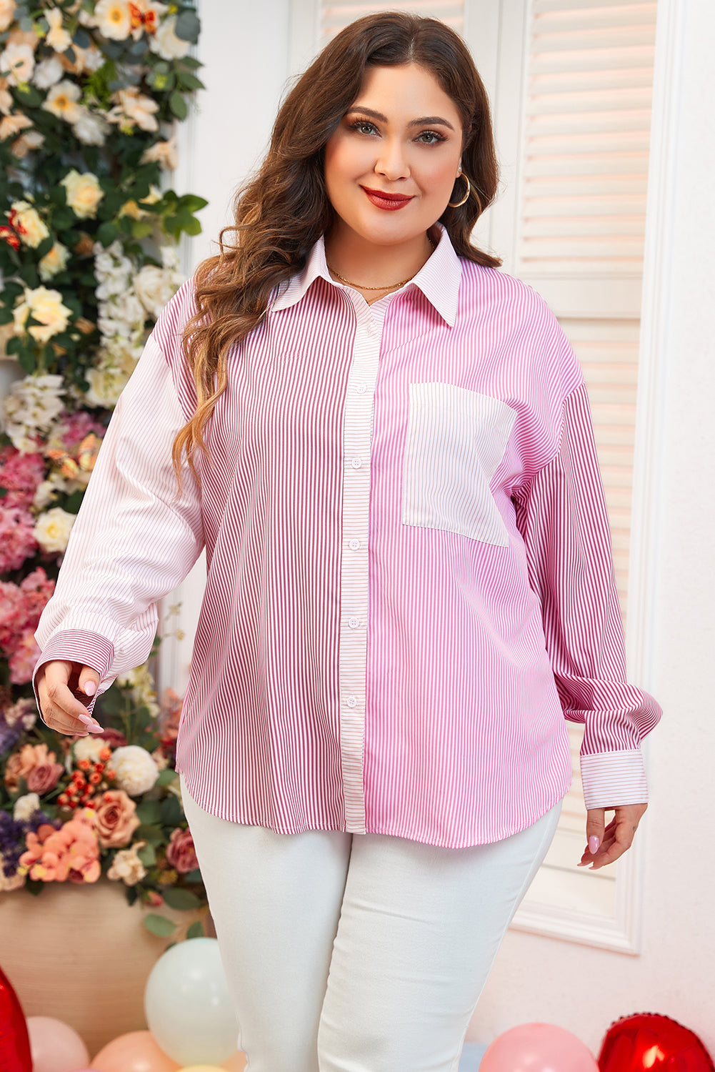 Chic pink striped colorblock plus size shirt