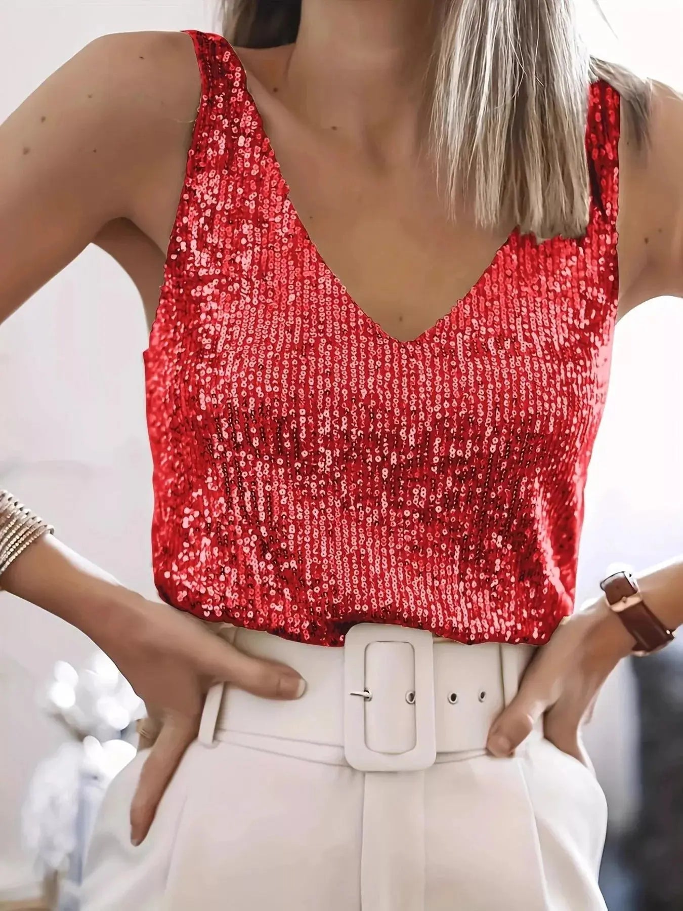 Sequin V-Neck Tank Top Simply Love