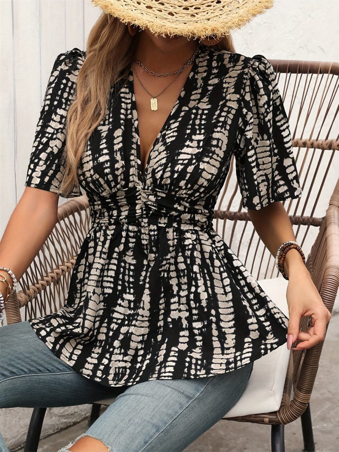 Printed V-Neck Half Sleeve Blouse.