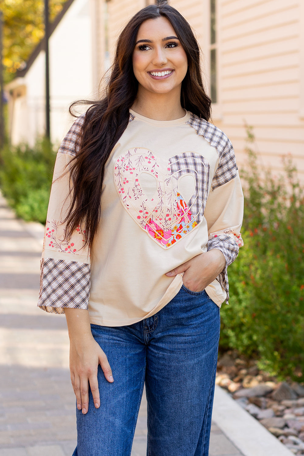 Beige Plaid Floral Peace Heart Graphic Wide Long Sleeve Top